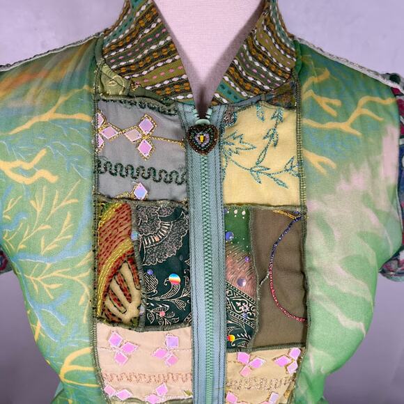Vintage Paul Ropp Embroidered Patchwork Full Zip Top Shirt 3 Green Short Sleeve - Picture 5 of 8